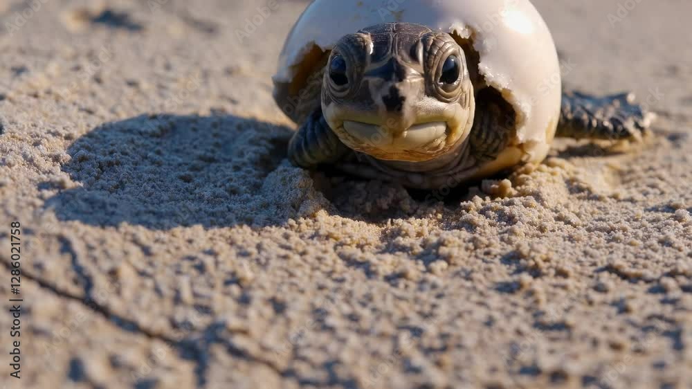 Close-up video of a baby turtle emerging from its shell on sandy beach. Low-angle shot captures the texture and detail of the turtle and sand.