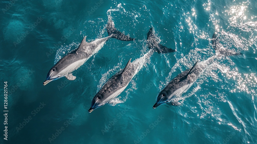 Fototapeta premium Aerial view of dolphins swimming in turquoise ocean