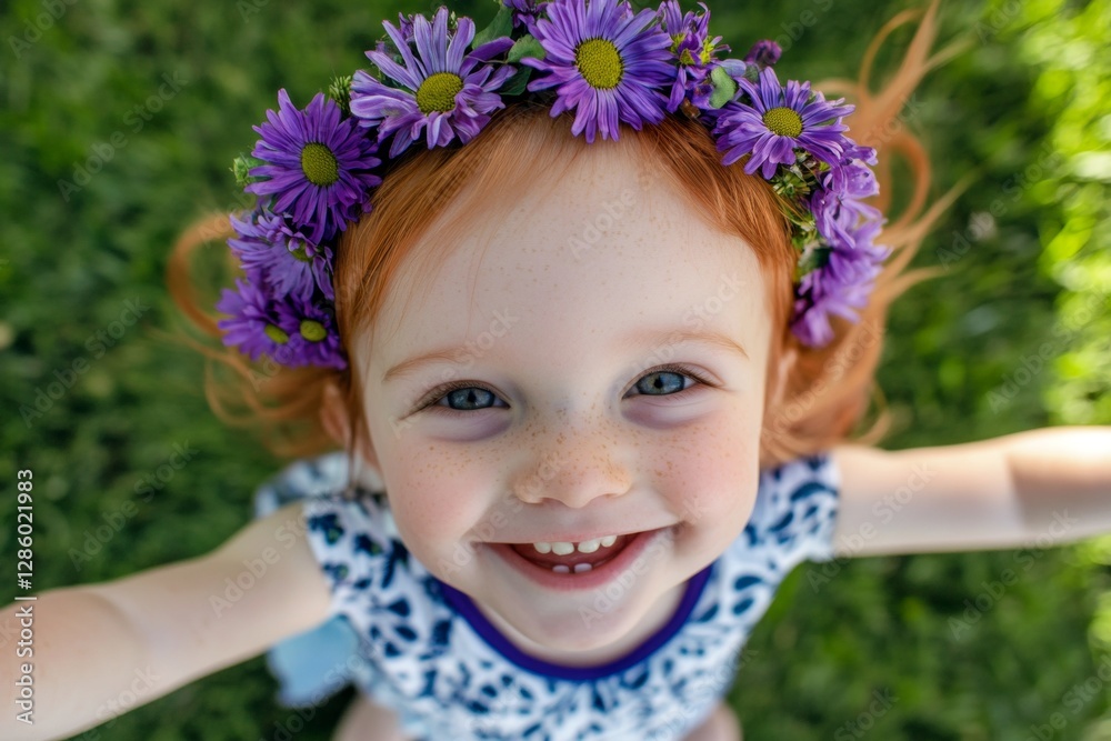 Happy vacation time conceptual art. Happy caucasian toddler girl with red hair wearing purple flower circlet on her head. Early sunshine. Smiling girl in a sunlit meadow. Happy vacation time conceptual art. Happy caucasian toddler girl with red hair wearing purple flower circlet on her head. Early sunshine. Smiling girl in a sunlit meadow.