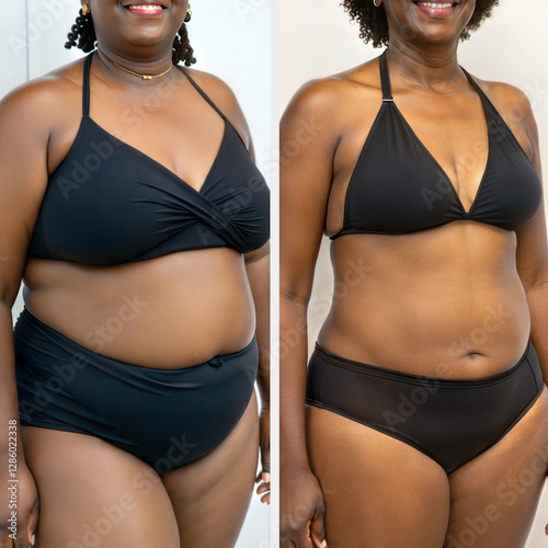 Weight Loss Injections Before and After Photos of an Black American Woman Wearing Black Bathing Suit, Closeup Shot Front view, GLP-1 Medication