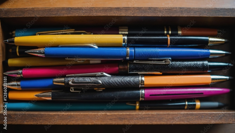 Fototapeta premium Colorful pens and crayons arranged on the table