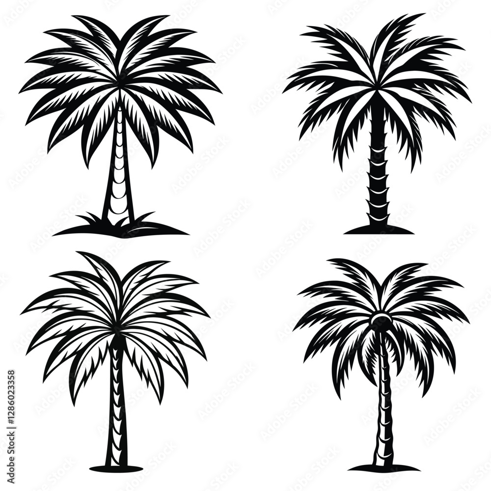 Fototapeta premium Black line art date palm tree set