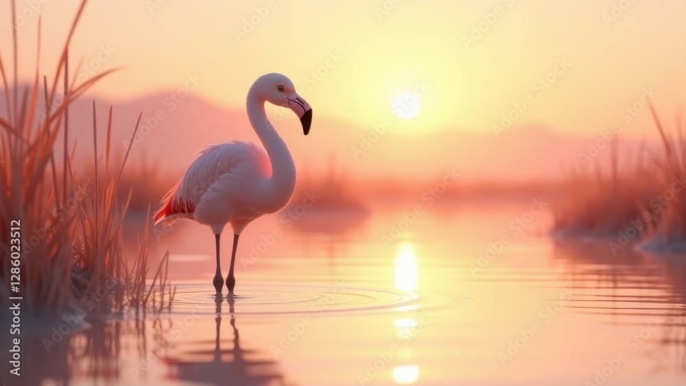 Fototapeta premium Baby flamingo, A baby flamingo stands in shallow pink water under sunrise viewed from the front with hyper-realistic textures in 8K UHD