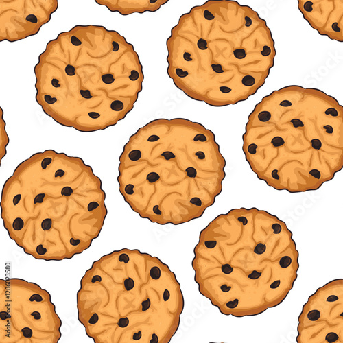 Hand drawn cookie with chocolate drops seamless pattern