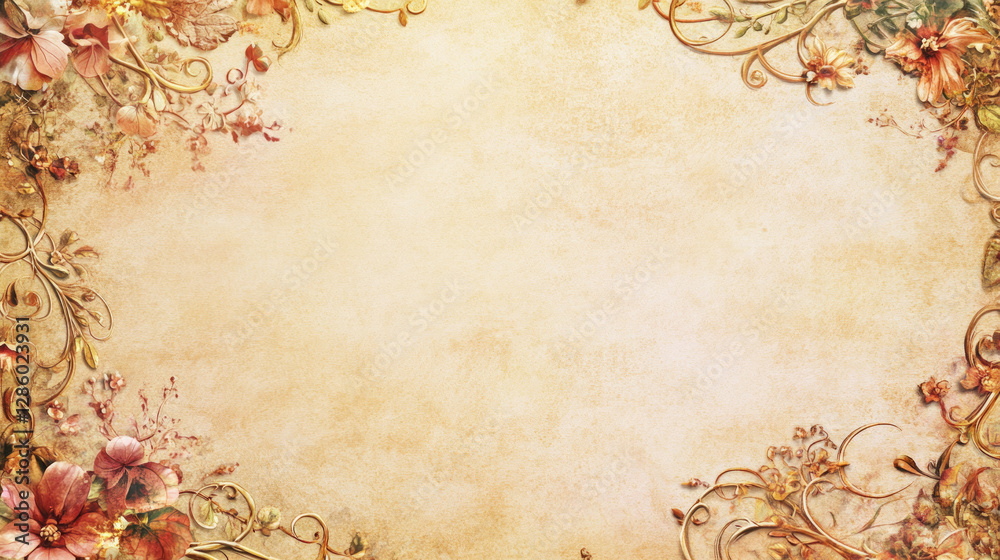 An ornate illuminated manuscript-style border intricate floral vines medieval botanical elements parchment background cottagecore rich colors, delicate fairy-tale motifs elegant calligraphy copy space