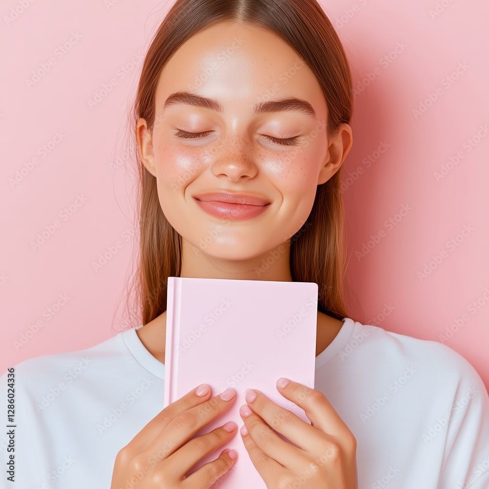 Serene young woman embracing book against pink background in relaxed pose Serene young woman embracing book against pink background in relaxed pose