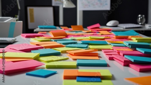 Numerous colorful cards stuck to the wall and desk