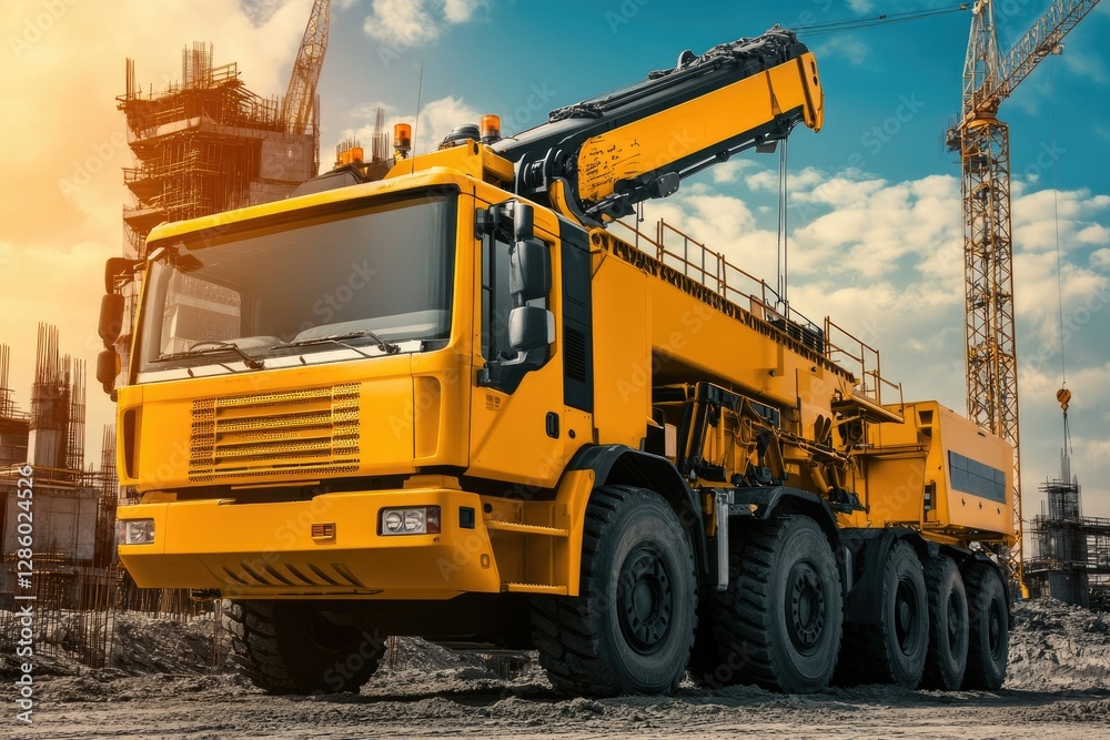 A Large Yellow Truck Crane Stands Ready to Work on the Construction Site A Large Yellow Truck Crane Stands Ready to Work on the Construction Site