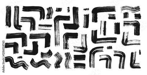 Brush stroke paint lines set. Vector hand drawn scribble ink geometric stripes background. Abstract black charcoal graphic elements pattern. Bold paintbrush grunge. Hand made dab line vector design.