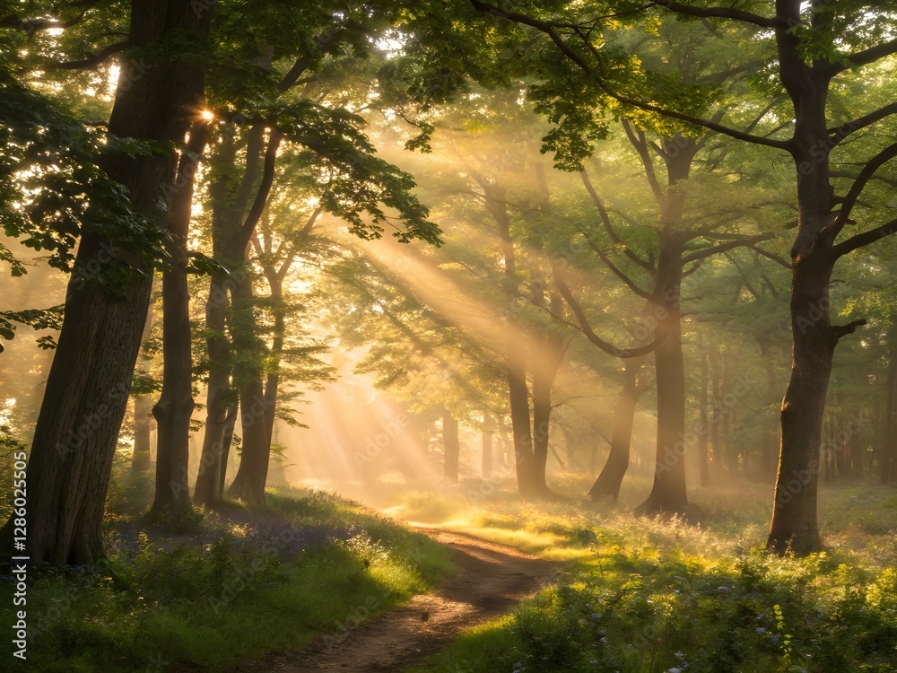 Obraz premium Golden rays cascade through a lush green woodland, casting ethereal light patterns on the enchanted forest floor.