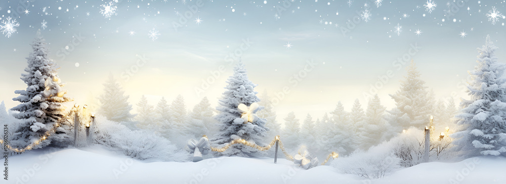 Naklejka premium sunset in the mountains, Beautiful winter background of snow and blurred forest in background Gently falling snow flakes against blue sky free space for your decoration for your decorations Wide panor