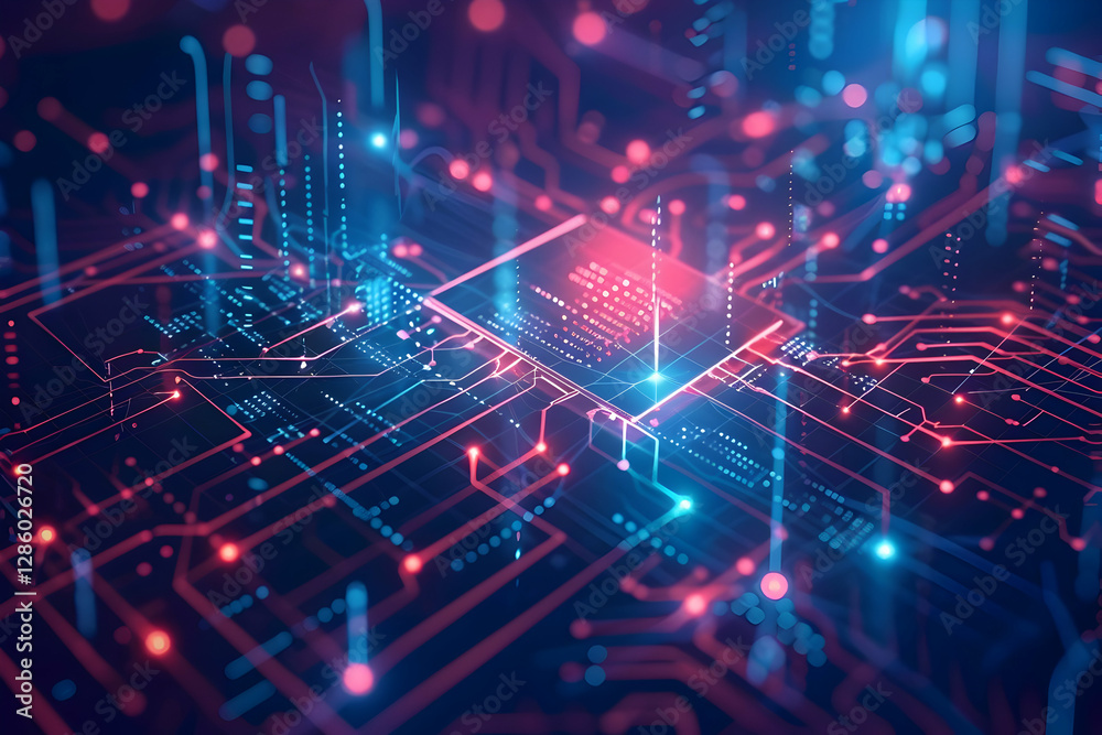 Fototapeta premium Abstract representation of a futuristic circuit board with glowing connections and data flow