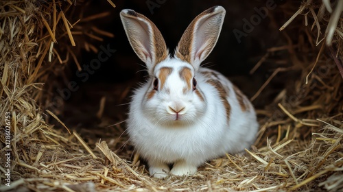 Cute brown and white rabbit nestled in cozy straw bedding.