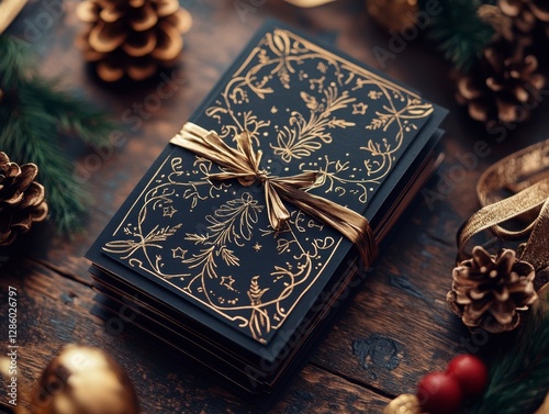 Elegant Black and Gold Gift Box with Holiday Decorations and Pinecones