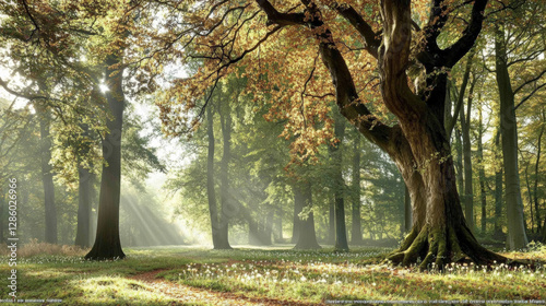 Wallpaper Mural A realistic, nature background showcasing a dense forest with towering trees, dappled sunlight filtering through the leaves, and a carpet of wildflowers, capturing the essence of untouched natural 14 Torontodigital.ca