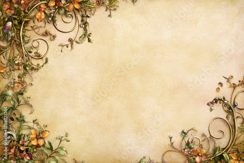 An ornate illuminated manuscript-style border intricate floral vines medieval botanical elements parchment background cottagecore rich colors, delicate fairy-tale motifs elegant calligraphy copy space