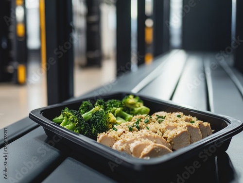 Healthy chicken and broccoli meal prep in a black container, industrial gym background photo