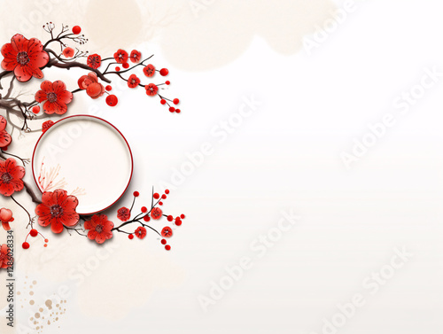 Decorative background for a dining menu with blooming sakura cherry blossoms.