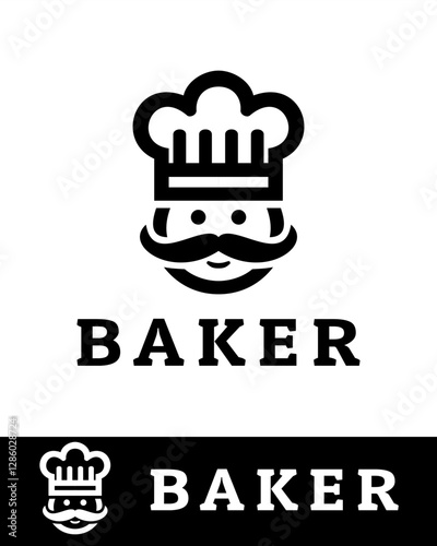 A modern and minimalistic vector illustration of a baker logo featuring a chef's hat, mustache, and smiling face