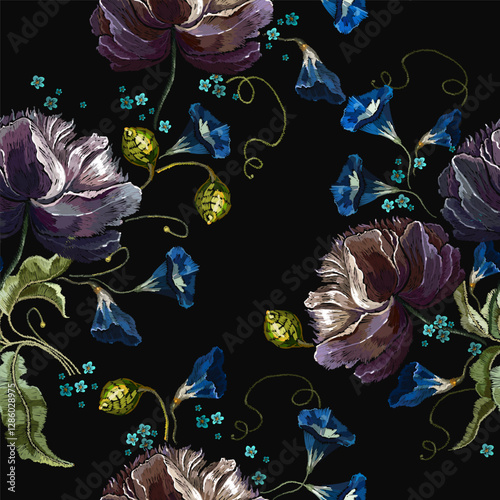 Violets flower. Fashion nature template for clothes, textiles, t-shirt design. Embroidery seamless pattern
