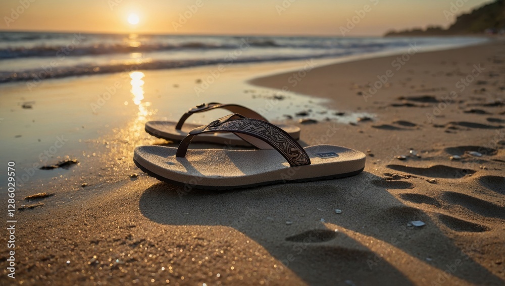 Women's flip-flops on a sandy beach Women's flip-flops on a sandy beach