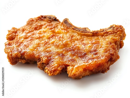 Crisp and tender fried piece of pork steak, isolated on a white background, perfectly seared with rich textures, appetizing and photorealistic, AIgenerated art photo