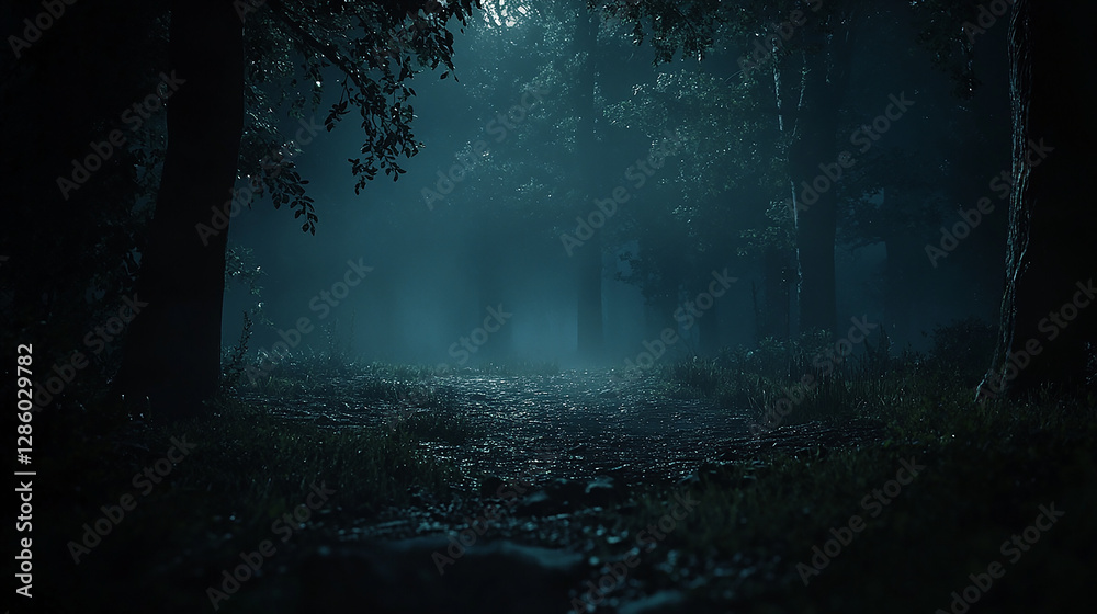 Fototapeta premium Dark Foggy Forest at Night with Moonlight