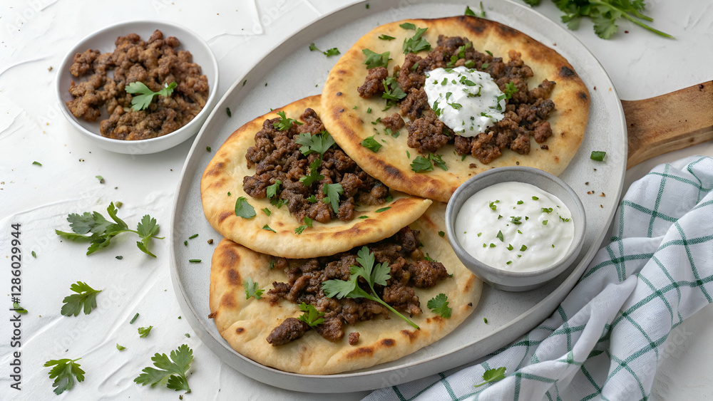 Ground lamb flatbreads served with yogurt, presented in a top-down view. Ground lamb flatbreads served with yogurt, presented in a top-down view.