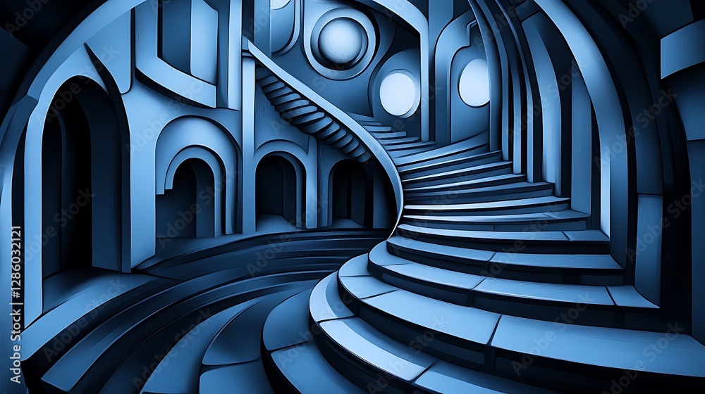Fototapeta premium Digital Painting of a Spiraling Staircase in a Blue, Abstract Palace AI Generated