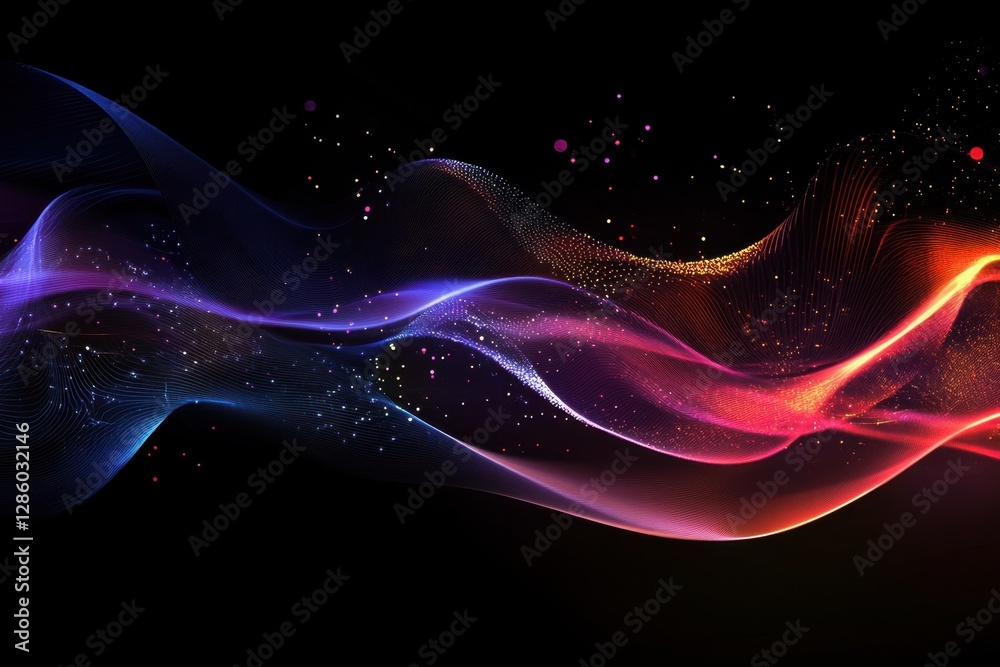 Fototapeta premium Colorful waves of light dance gracefully in a digital universe, creating a mesmerizing visual symphony at night. Generative AI
