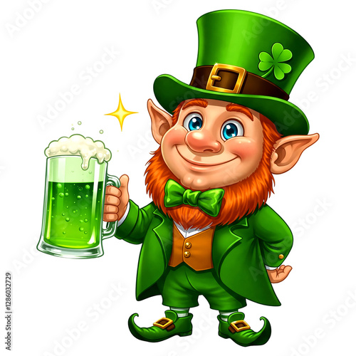 Cheerful Leprechaun with a Pint of Green Beer for St. Patrick's Day isolated on transparent background.