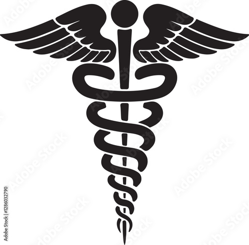 Black and white medical symbol with wings and snake.