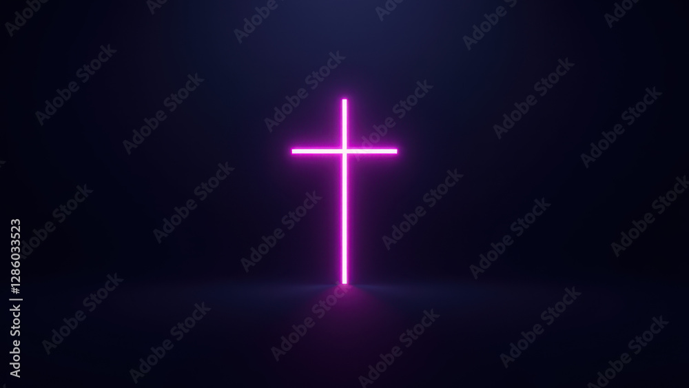 Fototapeta premium Modern graphic design with a Christian symbol in neon pink on dark background.