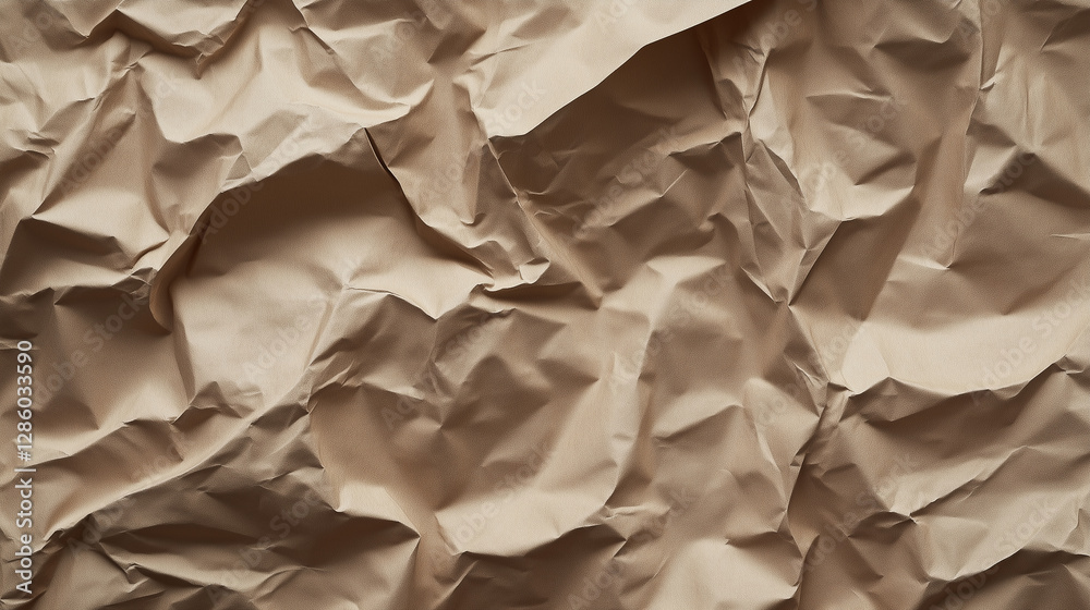 Obraz premium A close-up view of crumpled beige paper, showcasing its textured surface and folds. The light creates subtle shadows, enhancing the depth of the wrinkles.