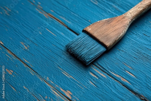 Teal Paintbrush on Rustic Wooden Surface