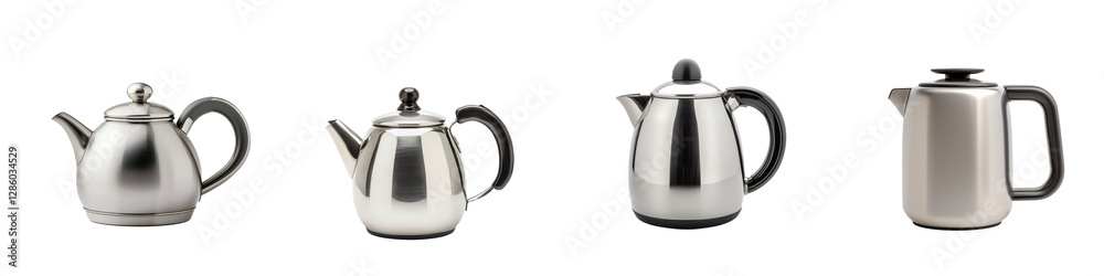 Assortment of elegant and modern teapots coffee pots and kettles in stainless steel ceramic and metallic finishes displayed on a simple minimalist background Assortment of elegant and modern teapots coffee pots and kettles in stainless steel ceramic and metallic finishes displayed on a simple minimalist background