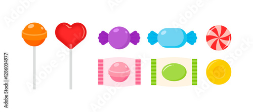 Illustration of a set of colorful and variously shaped lollipops and candies.