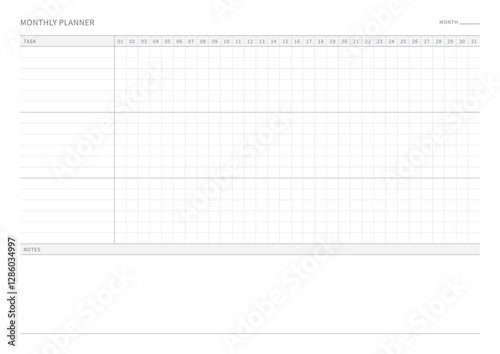 A monthly plan template with a simple and minimal style. Note, scheduler, diary, calendar planner document template illustration.