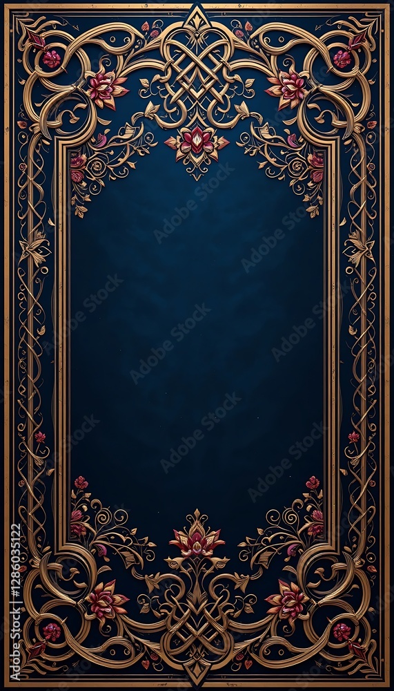 Obraz premium Ornate Golden Frame on Deep Blue with Floral Accents and Celtic Knots