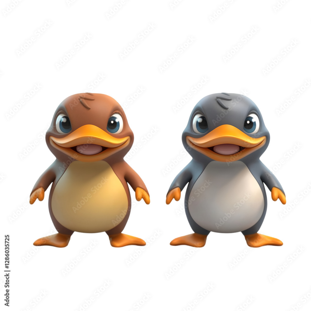 Fototapeta premium Two platypuses with unique colors and opposite expressions on a transparent background.