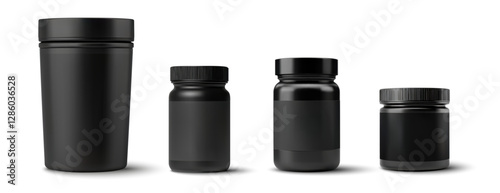 3D These matte black plastic containers, presented in varying sizes, offer a sleek, modern look. Ideal for storing supplements, vitamins, powders, and more—perfect for minimalist brand design. Vector