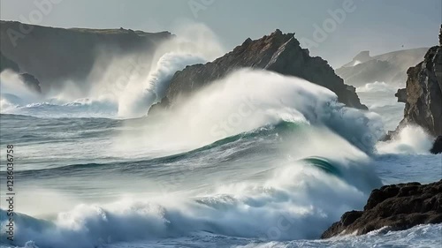 4K Slow-Motion Shot of Ocean Waves Crashing Against Cliffs