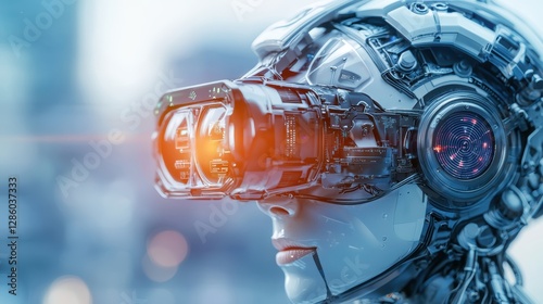 Futuristic robot wearing virtual reality headset.