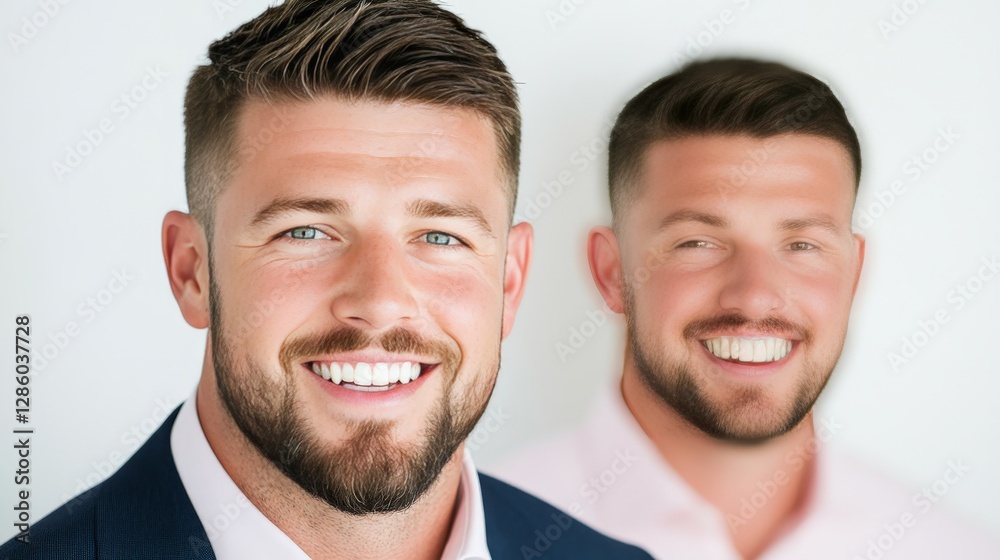 Two young bearded men smiling confidently in business casual attire against a bright background radiating positivity and professional charm Two young bearded men smiling confidently in business casual attire against a bright background radiating positivity and professional charm