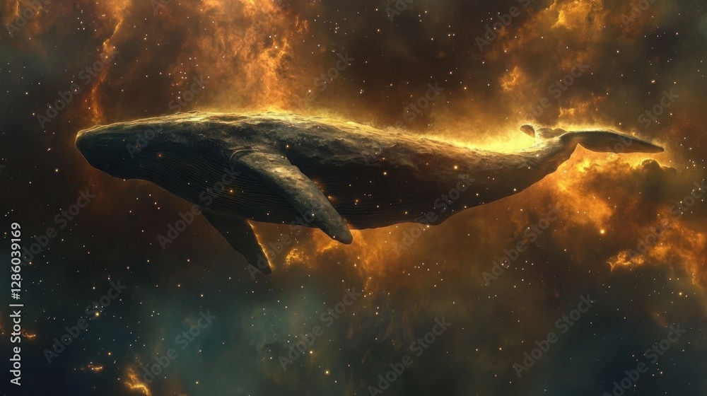 Fototapeta premium A massive space whale floats through a nebula, its bioluminescent body trailing glowing stardust