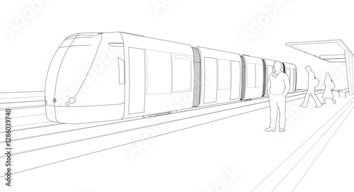 tram at the station sketch 3d illustration