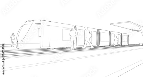 tram at the station sketch 3d illustration