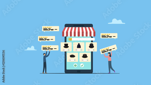 Customer gives five stars and rewiew to online shop. 5 Stars review, customer feedback evaluation, best quality or satisfaction, opinion, best rating reputation or online positive review concept.