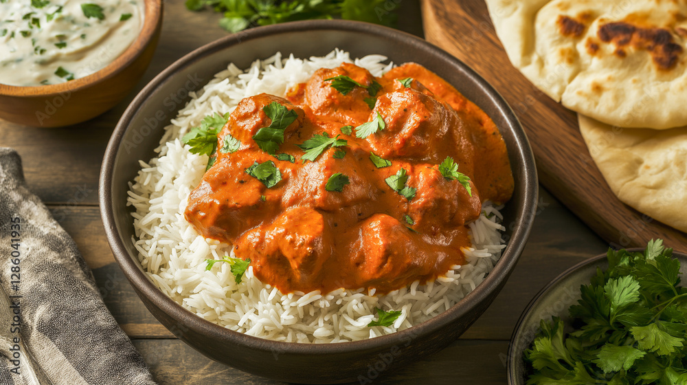 Delicious bowl of butter chicken served over fluffy basmati rice with herbs and Indian bread Delicious bowl of butter chicken served over fluffy basmati rice with herbs and Indian bread