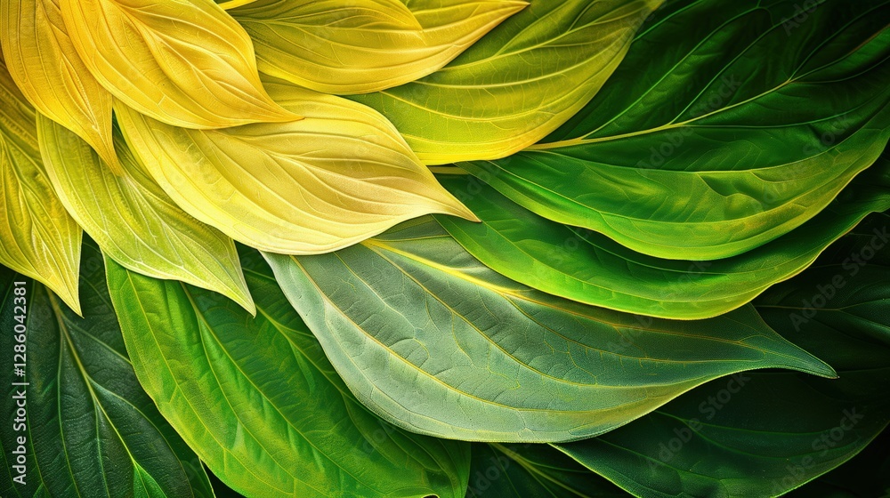 Fototapeta premium Vibrant, overlapping leaves; artistic botanical design; dark background